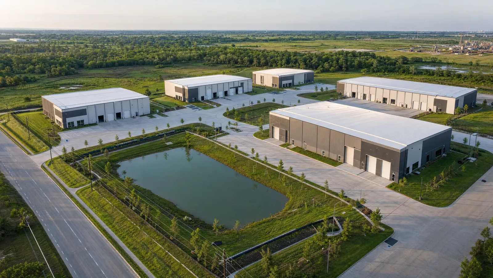 Aerial rendering of a business park with five metal buildings