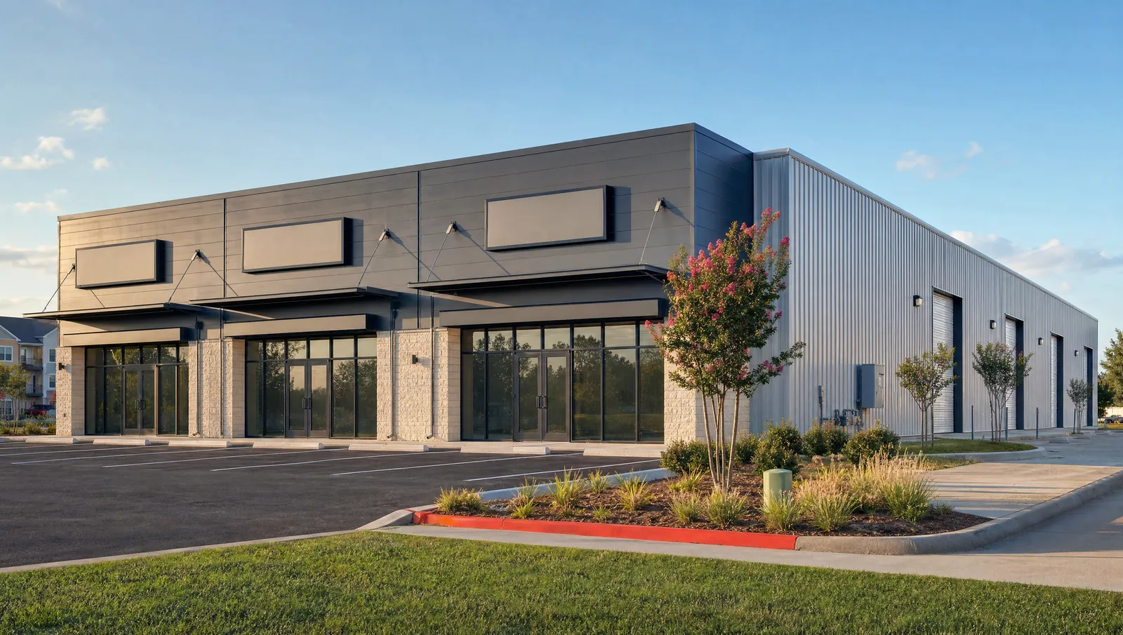 Rendering of a flex-retail building with three storefront entries