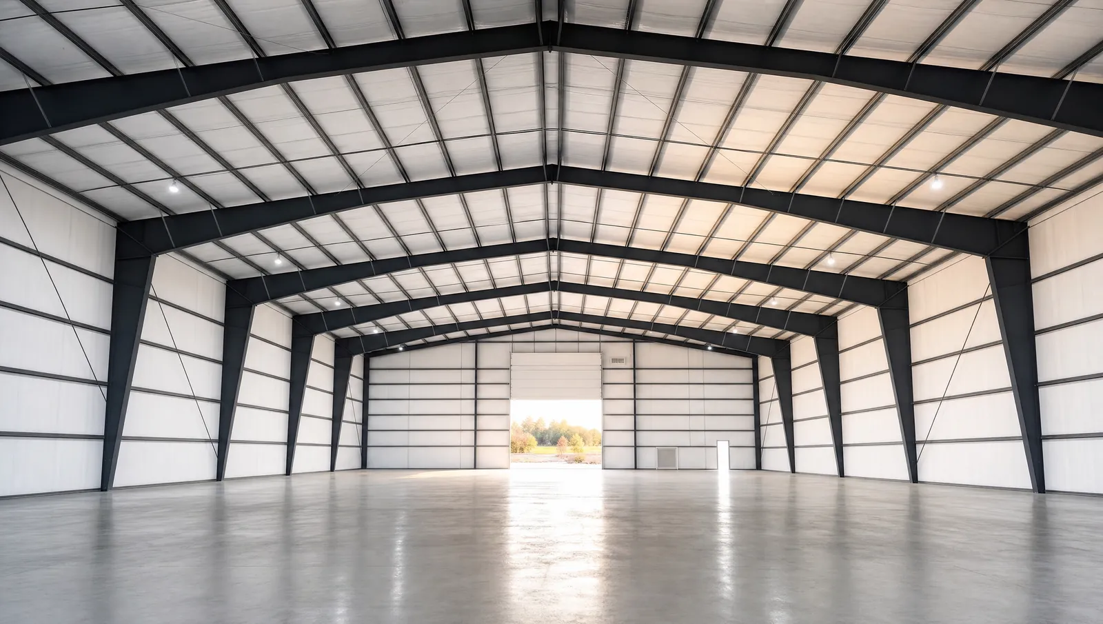 Rendering of a column-free steel building interior with white insulated panel walls